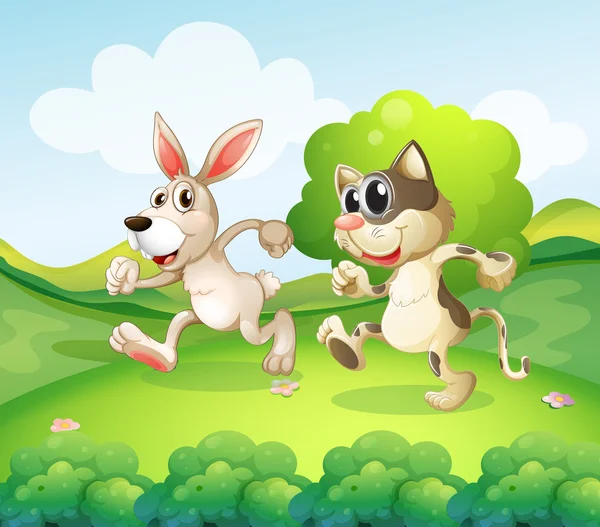 Um coelho e um gato correndo — Vetor de Stock