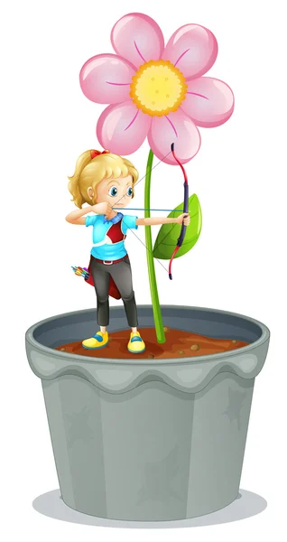 Um pote com uma flor e uma menina no topo — Vetor de Stock