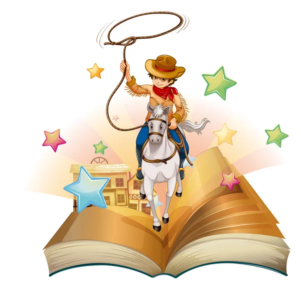 Un libro con un cowboy che tiene una corda — Vettoriale Stock