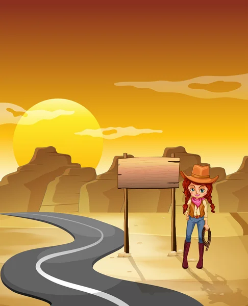 Ein Cowgirl steht neben einem leeren Holzschild am Straßenrand. — Stockvektor