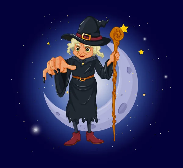 Una strega che tiene un bastone davanti alla luna — Vettoriale Stock