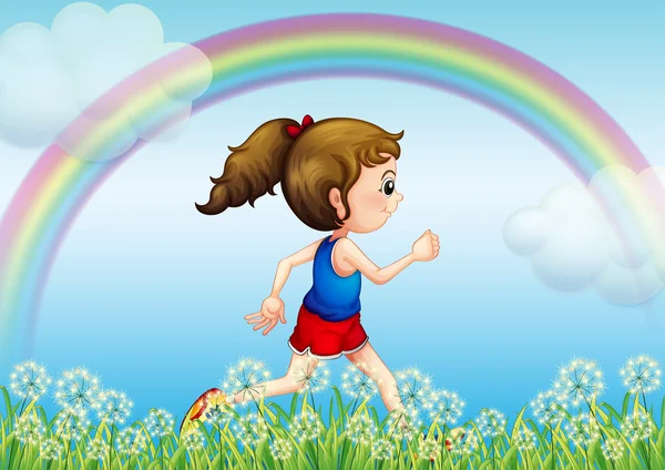 A girl running with a rainbow in the sky — Stock Vector