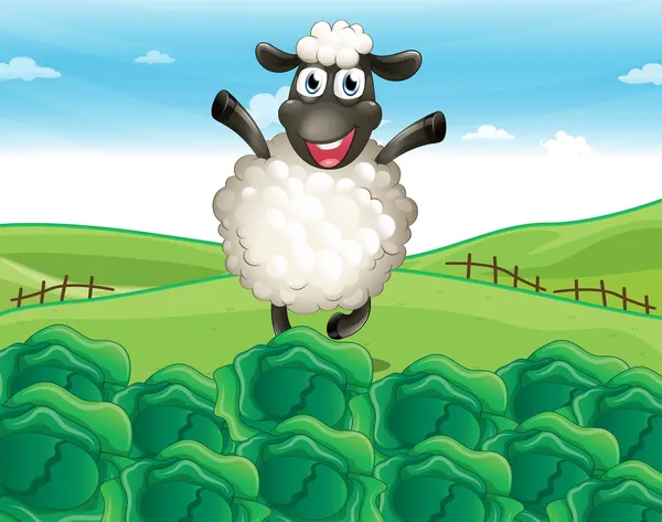 Ett får över backen med en gård — Stock vektor