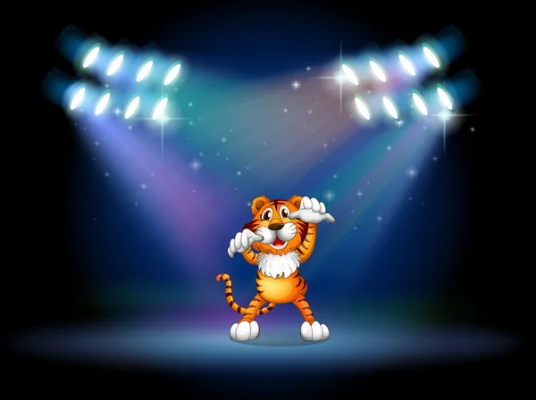 A tiger raising her hands at the stage under the spotlights — Stock Vector