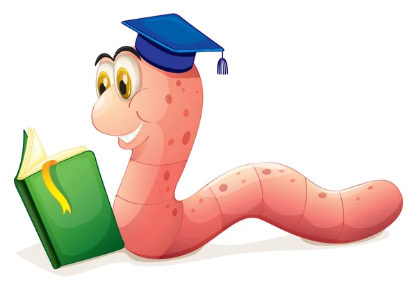 Un gusano leyendo con una gorra de graduación — Vector de stock