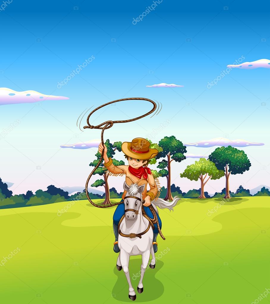 A cowboy riding a horse at the forest
