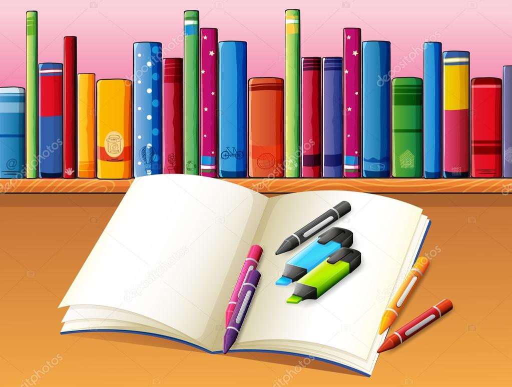 An empty book with coloring materials in front of a wooden shelf