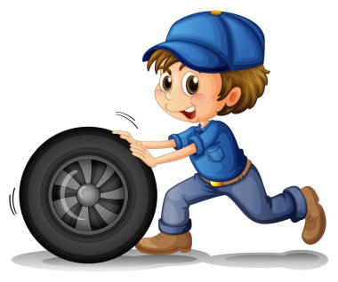 A boy pushing a wheel