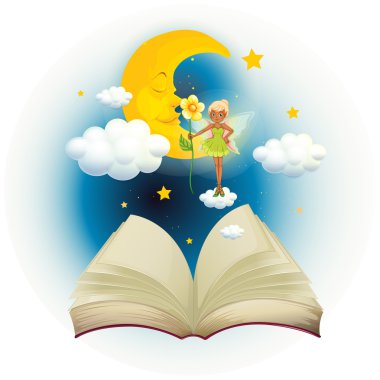 Resim bir peri ve uyuyan bir ay ile açık bir kitap