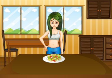 A slim girl in front of a table with a plate full of foods clipart
