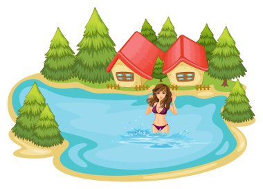 çam ağacı ile plajda Yüzme mor bir bikini bir kızla