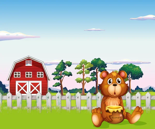 A bear sitting outside the fence at the farm — Stock Vector