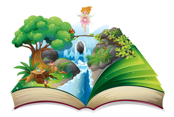 An open book with an image of a fairy land