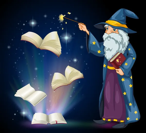 An old wizard holding a book and a wand — Stock Vector