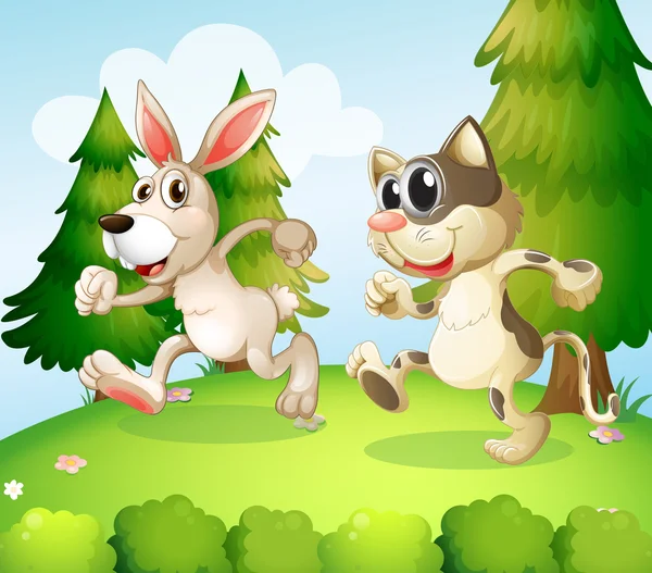 Un conejo y un gato corriendo por encima de la colina — Archivo Imágenes Vectoriales