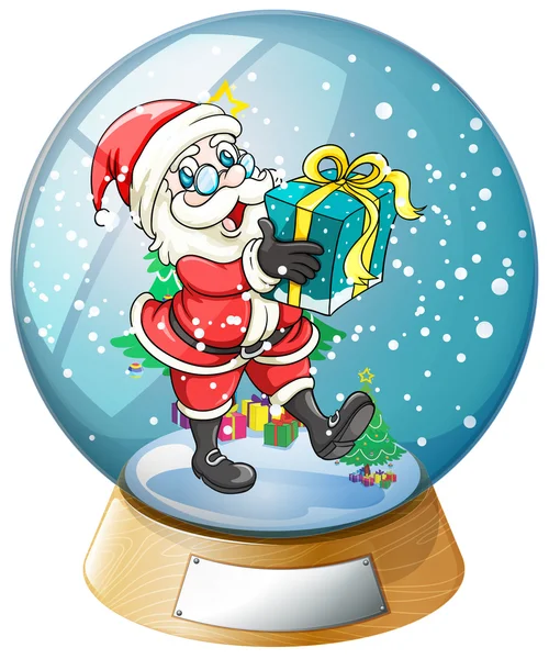 Papai Noel segurando um presente dentro da bola de neve — Vetor de Stock