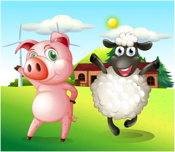 Ein Schwein und ein Schaf tanzen auf dem Hof mit der Windmühle — Stockvektor