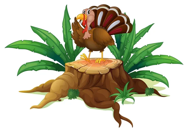 A turkey standing on a stump with leaves — Stock Vector