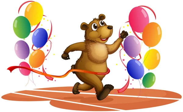 A bear running in the middle of colorful balloons — Stock Vector