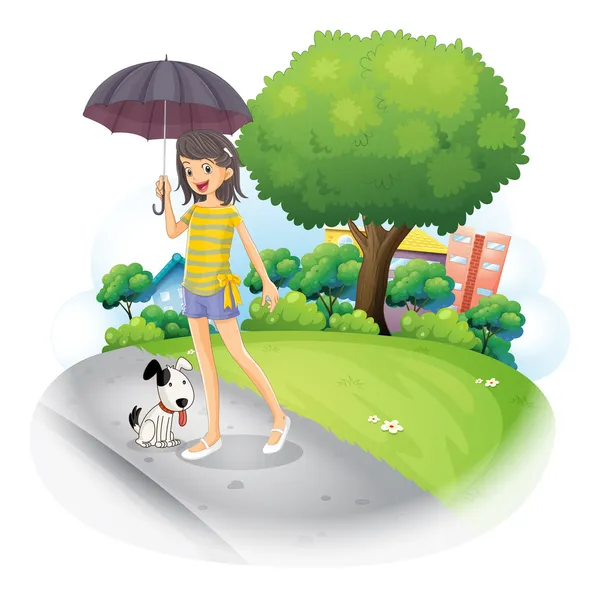 Eine Dame mit einem Regenschirm und einem Hund am Straßenrand — Stockvektor