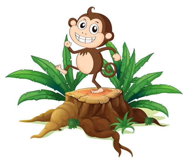 A monkey dancing on a stump with leaves — Stock Vector