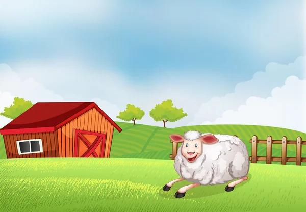 Uma ovelha deitada na fazenda com um celeiro — Vetor de Stock