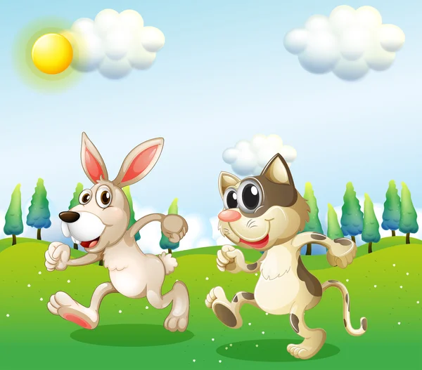 Um coelho e um gato correndo —  Vetores de Stock