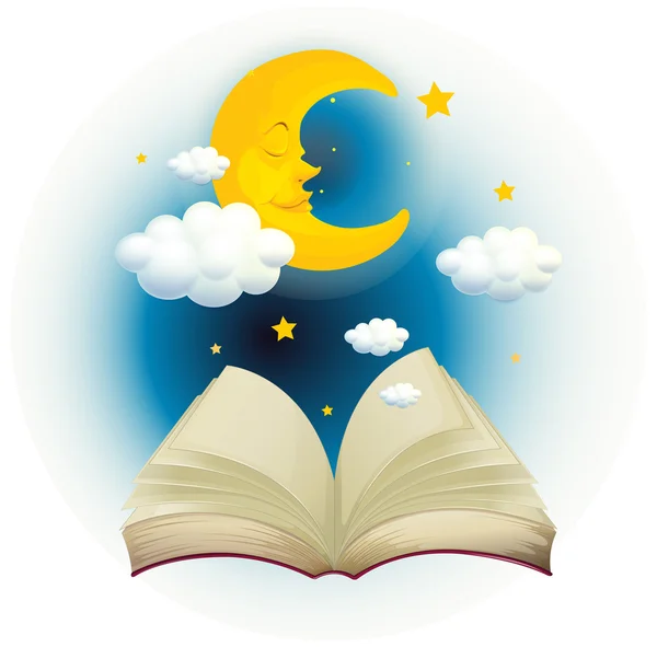 An empty open book with a sleeping moon — Stock Vector