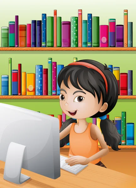 A young girl using the computer at the library — Stock Vector