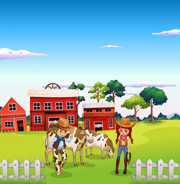 Kovboj a cowgirl na farmě — Stockový vektor