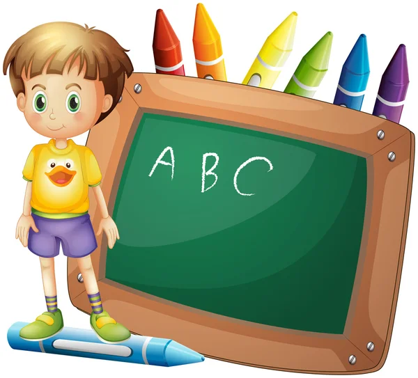 A boy beside a board with crayons at the back — Stock Vector