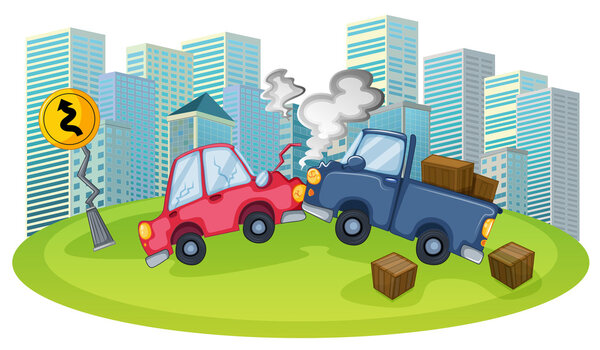 A car accident in front of the high buildings