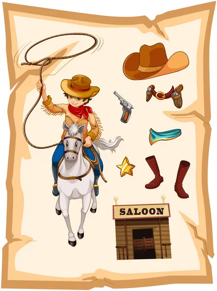 Um papel com um desenho de um cowboy e um bar de salão — Vetor de Stock