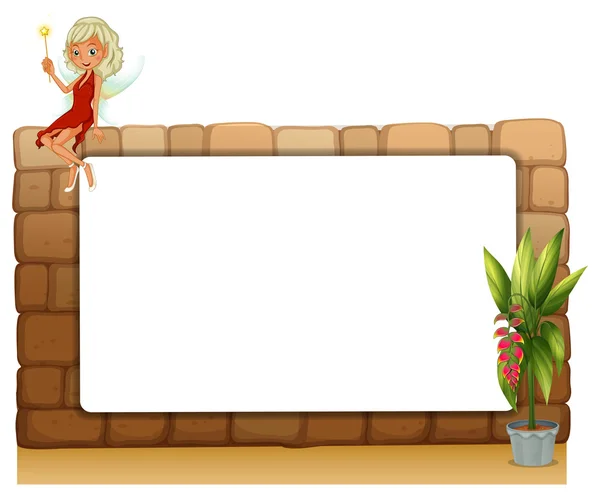 A blankboard on a wall with a fairy and a pot of plants — Stock Vector