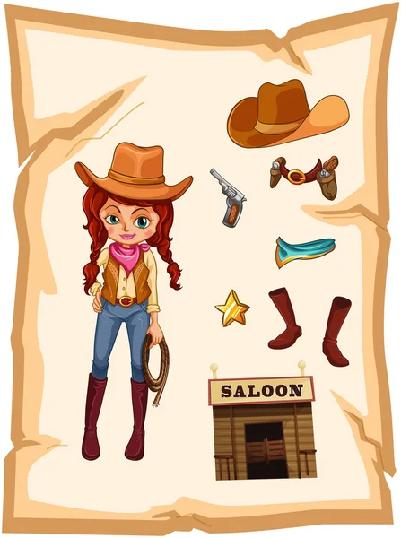 Kus papíru s obrázkem cowgirl a saloon bar — Stockový vektor