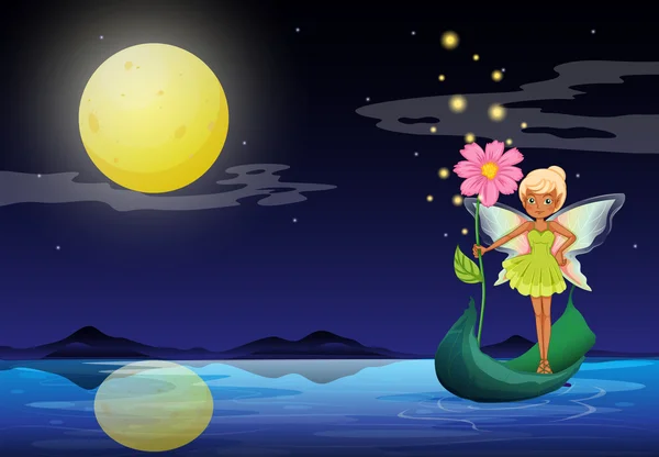 A fairy holding a flower above a boat — Stock Vector