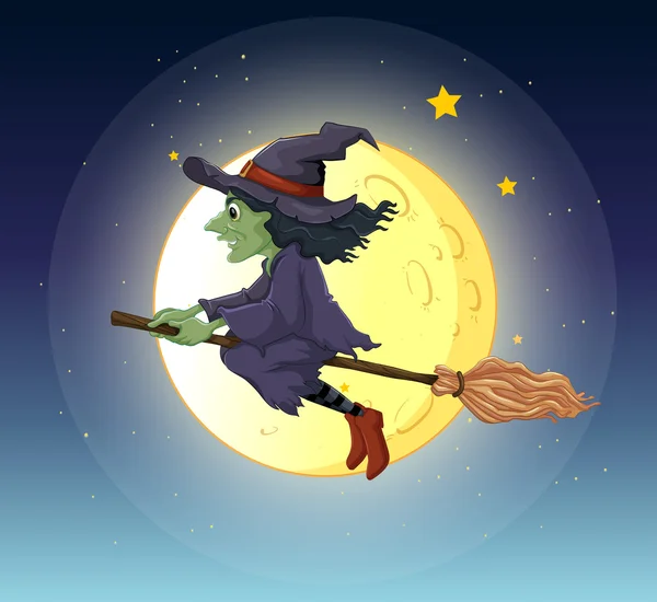 A witch riding with her broomstick — Stock Vector