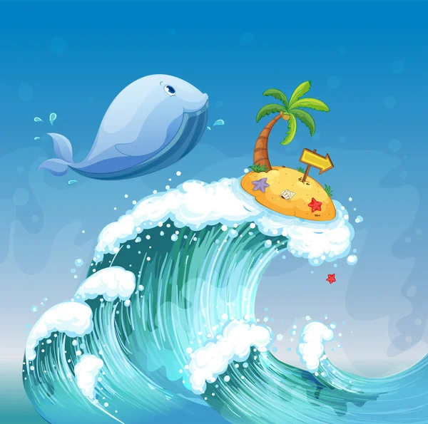 Une grande vague avec un dauphin et une île avec une flèche — Image vectorielle