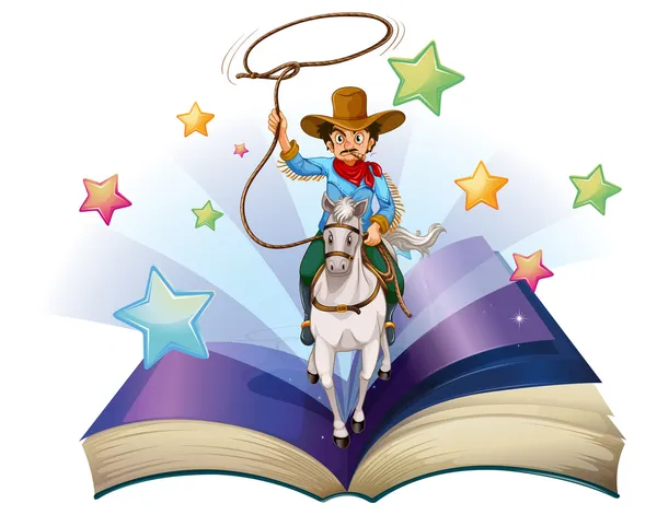 Um livro aberto com uma imagem de um cowboy montado em um cavalo — Vetor de Stock