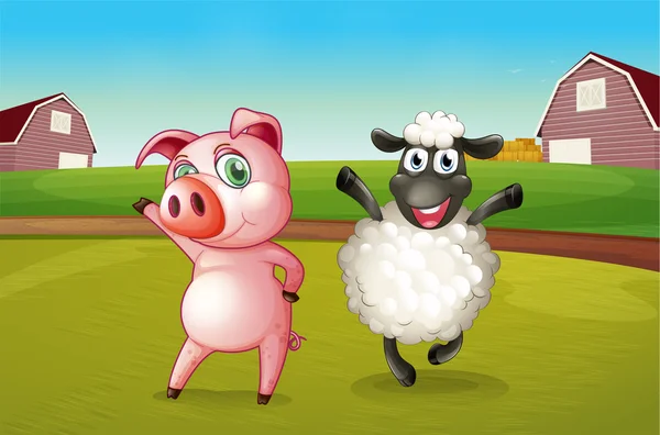 一只猪和一只羊在农场上跳舞 — 图库矢量图片