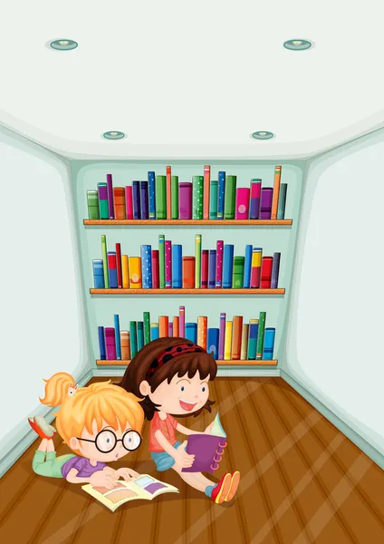 Dos chicas leyendo dentro de la habitación — Vector de stock