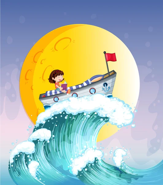 Una ragazza che legge su una barca in cima alla grande onda — Vettoriale Stock