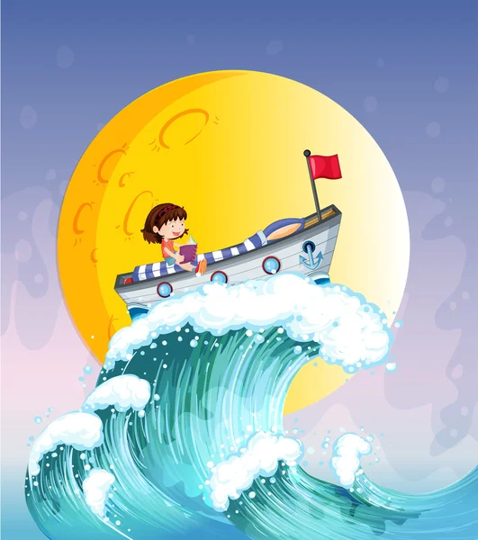 A girl reading on a boat at the top of the big wave — Stock Vector