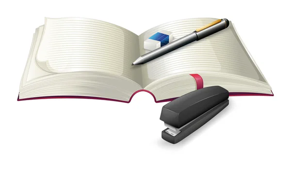Egy nyitott Jegyzetfüzet-val egy tűzőgépet, egy toll és a radír — Stock Vector