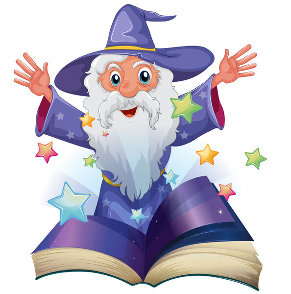 A book with an image of an old man with many stars