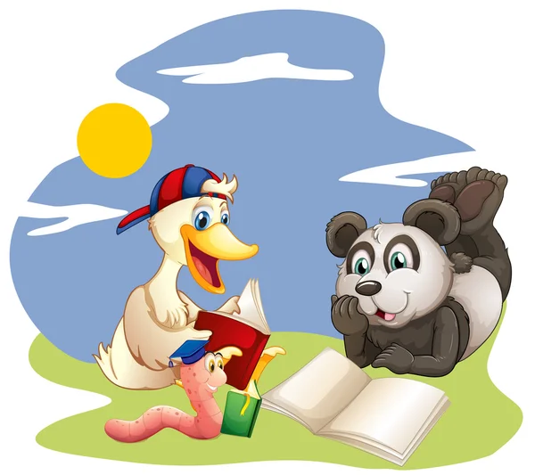 一只熊猫、 一只鸭子和阅读一个蠕虫病毒 — 图库矢量图片