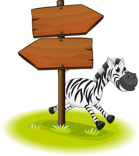 Uma zebra na parte de trás de uma placa de seta de madeira —  Vetores de Stock