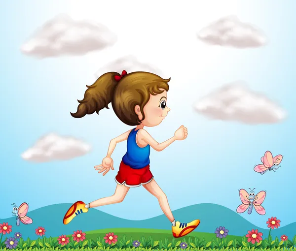 Ένα κορίτσι που τρέχει με πεταλούδες — Διανυσματικό Αρχείο