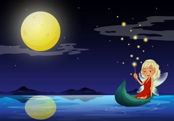 A fairy in a boat holding a wand — Stock Vector