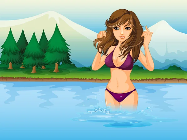En strand med en jente i lilla bikini – stockvektor